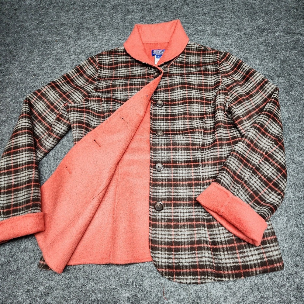 Pendleton Womens Wool Blend Brown Pink Plaid Reversible Blazer Jacket Medium